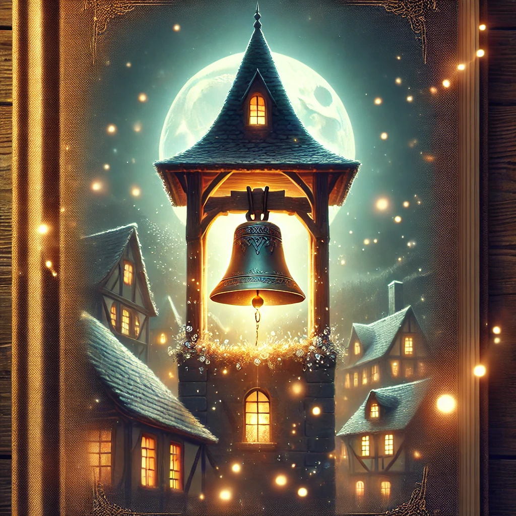 A magical silver bell glows in a tall village tower at night, surrounded by soft moonlight. A perfect illustration for a short fairy tale for kids